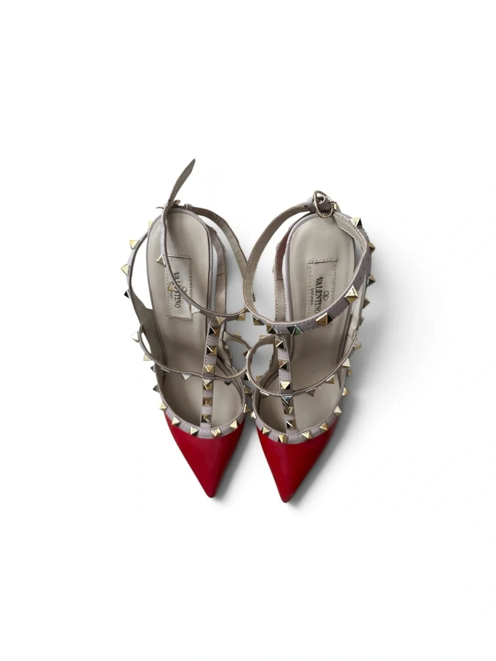 women’s Valentino Red Pointed-Toe Rockstud T-Strap Heels with Beige straps
